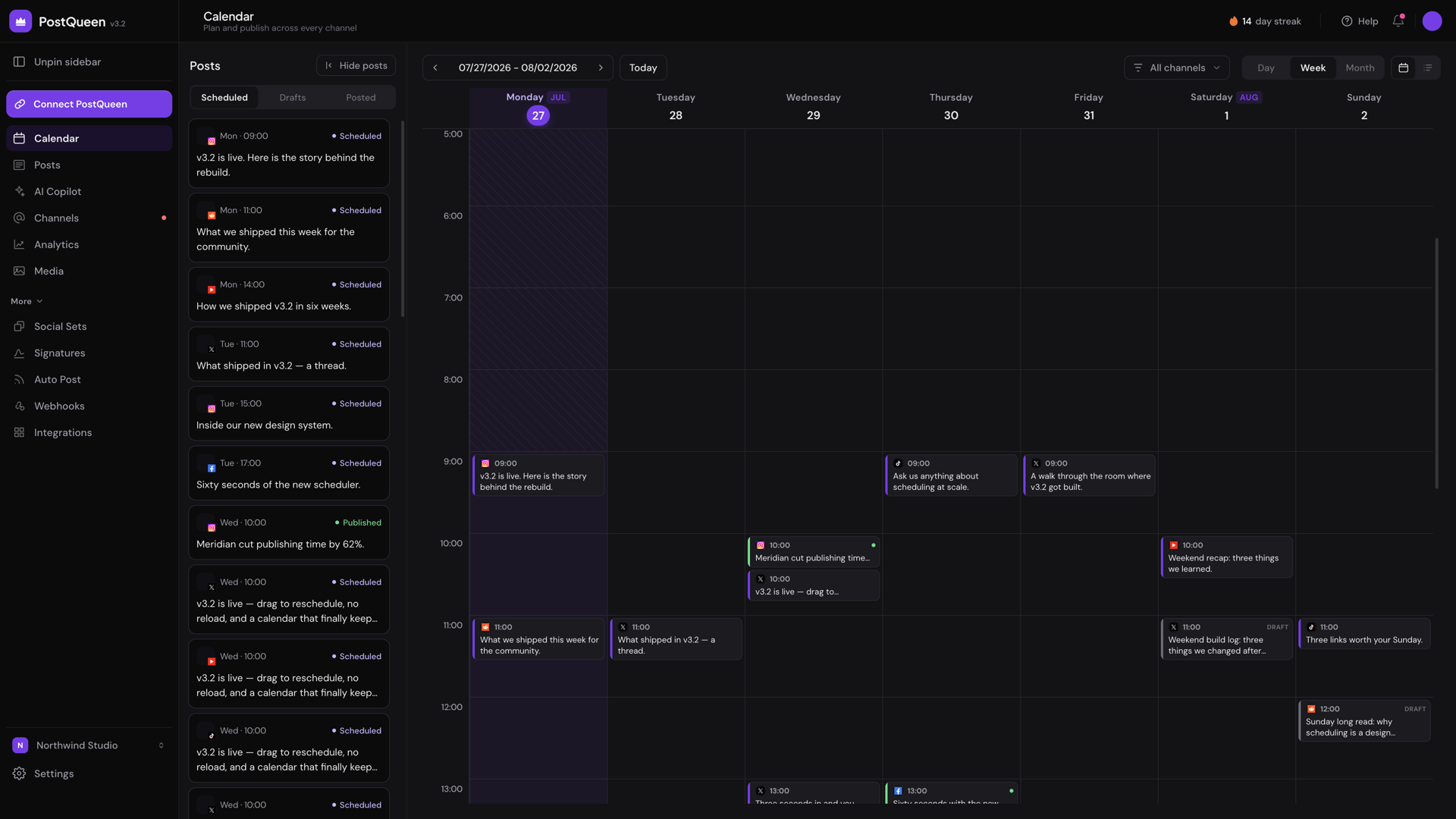 A week of scheduled posts in the PostQueen calendar